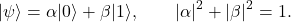 \[ |\psi\rangle=\alpha|0\rangle+\beta|1\rangle, \qquad |\alpha|^2+|\beta|^2=1. \]