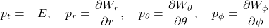 \[ p_t = -E, \quad p_r = \frac{\partial W_r}{\partial r}, \quad p_\theta = \frac{\partial W_\theta}{\partial \theta}, \quad p_\phi = \frac{\partial W_\phi}{\partial \phi} \]