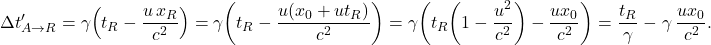 \[ \Delta t'_{A\to R} = \gamma\!\left(t_R - \frac{u\,x_R}{c^2}\right) = \gamma\!\left(t_R - \frac{u(x_0+u t_R)}{c^2}\right) = \gamma\!\left( t_R\!\left(1-\frac{u^2}{c^2}\right) - \frac{u x_0}{c^2}\right) = \frac{t_R}{\gamma} \;-\; \gamma\,\frac{u x_0}{c^2}. \]
