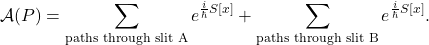 \[ \mathcal{A}(P)=\sum_{\text{paths through slit A}} e^{\frac{i}{\hbar}S[x]} +\sum_{\text{paths through slit B}} e^{\frac{i}{\hbar}S[x]}. \]