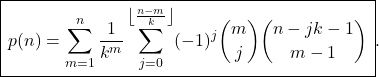 \[ \boxed{\,p(n)=\sum_{m=1}^{n}\frac{1}{k^m}\sum_{j=0}^{\left\lfloor\frac{n-m}{k}\right\rfloor} (-1)^j\binom{m}{j}\binom{n-jk-1}{m-1}\, }. \]