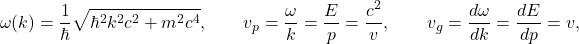 \[       \omega(k)=\frac{1}{\hbar}\sqrt{\hbar^2 k^2 c^2+m^2 c^4},\qquad       v_p=\frac{\omega}{k}=\frac{E}{p}=\frac{c^2}{v},\qquad       v_g=\frac{d\omega}{dk}=\frac{dE}{dp}=v,     \]