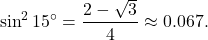 \[ \sin^2 15^\circ=\frac{2-\sqrt{3}}{4}\approx 0.067. \]