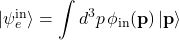 \lvert \psi_e^{\mathrm{in}} \rangle = \displaystyle \int d^3p\, \phi_{\mathrm{in}}(\mathbf{p})\, \lvert \mathbf{p} \rangle