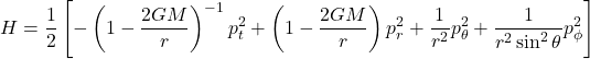 \[ H = \frac{1}{2} \left[ -\left(1 - \frac{2GM}{r}\right)^{-1} p_t^2 + \left(1 - \frac{2GM}{r}\right) p_r^2 + \frac{1}{r^2} p_\theta^2 + \frac{1}{r^2 \sin^2 \theta} p_\phi^2 \right] \]