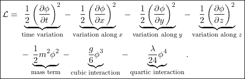 \[ \boxed{ \begin{aligned} \mathcal L={}& \underbrace{\frac12\left(\frac{\partial\phi}{\partial t}\right)^2}_{\text{time variation}} -\underbrace{\frac12\left(\frac{\partial\phi}{\partial x}\right)^2}_{\text{variation along }x} -\underbrace{\frac12\left(\frac{\partial\phi}{\partial y}\right)^2}_{\text{variation along }y} -\underbrace{\frac12\left(\frac{\partial\phi}{\partial z}\right)^2}_{\text{variation along }z} \\[4pt] &-\underbrace{\frac12m^2\phi^2}_{\text{mass term}} -\underbrace{\frac{g}{6}\phi^3}_{\text{cubic interaction}} -\underbrace{\frac{\lambda}{24}\phi^4}_{\text{quartic interaction}}. \end{aligned} } \]